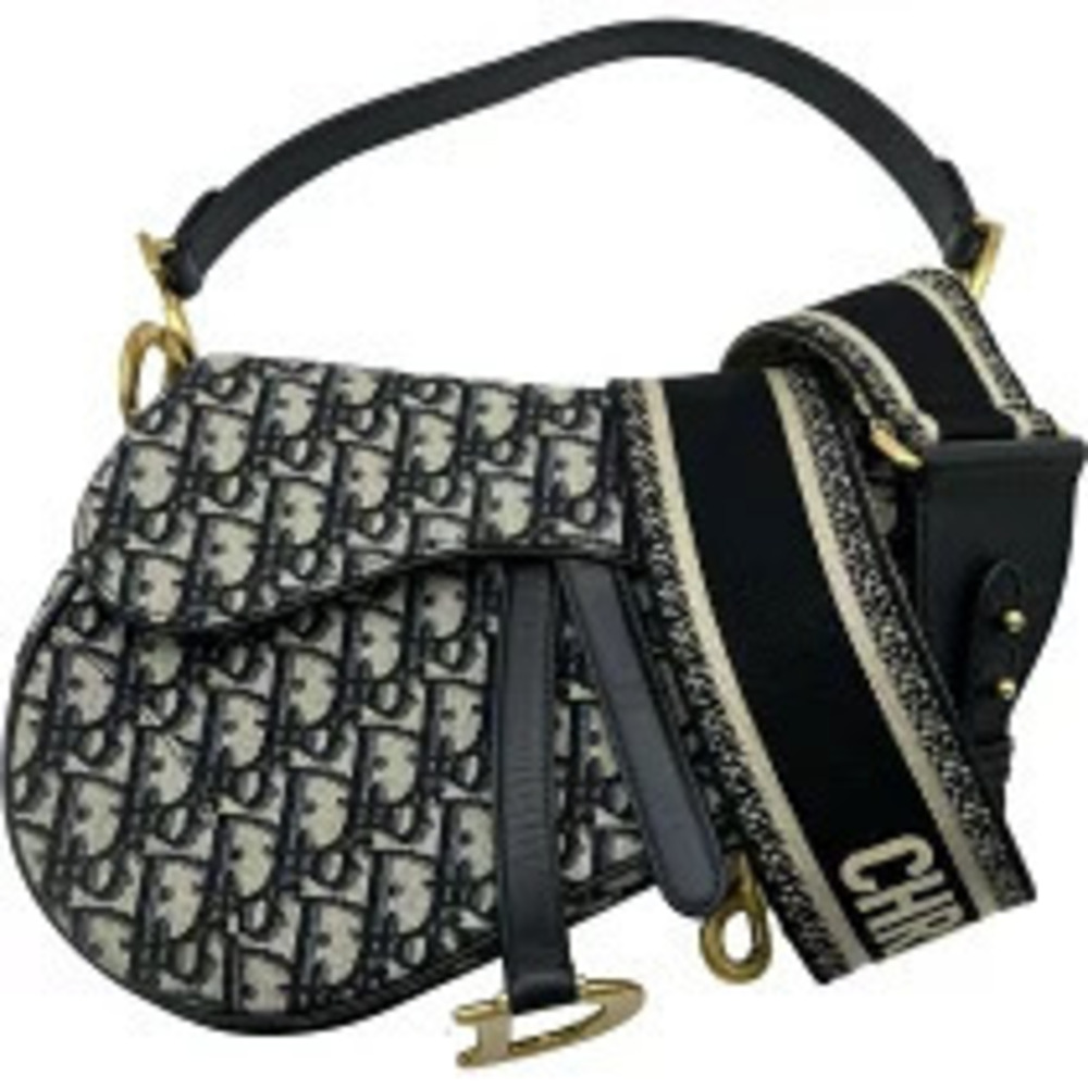 Christian Dior Oblique Saddle Bag Navy Blue Canvas Shoulder